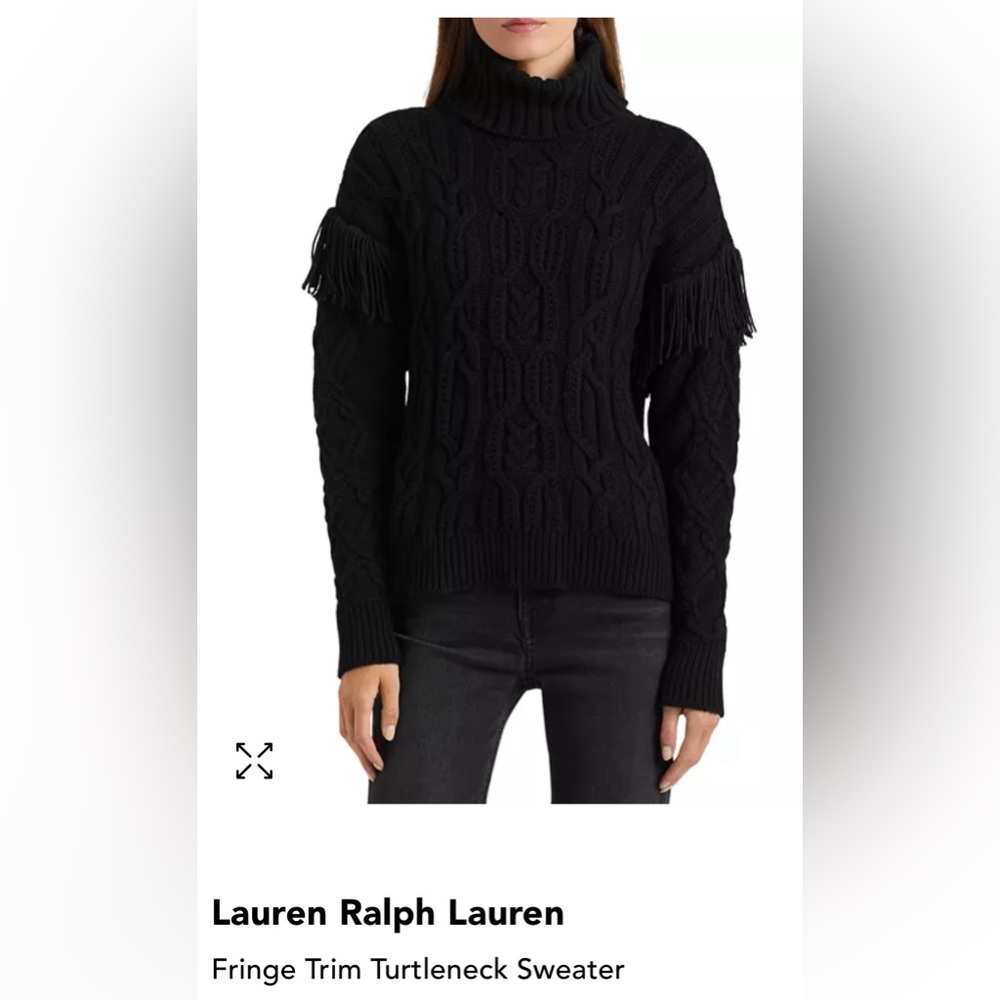 Lauren Ralph Lauren Fringe Trim Turtleneck Sweater Size L Black